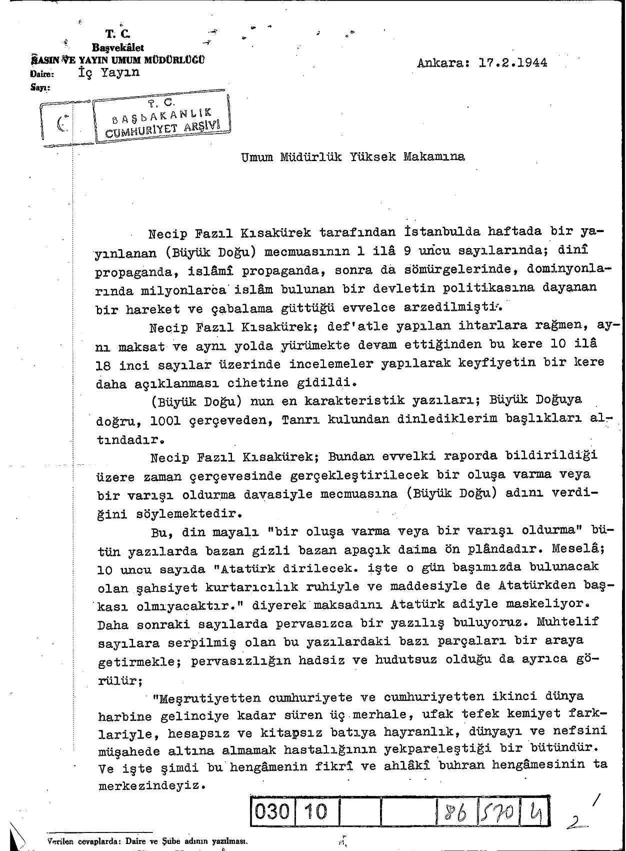 Cumhuriyetin Necip Fazıl raporu