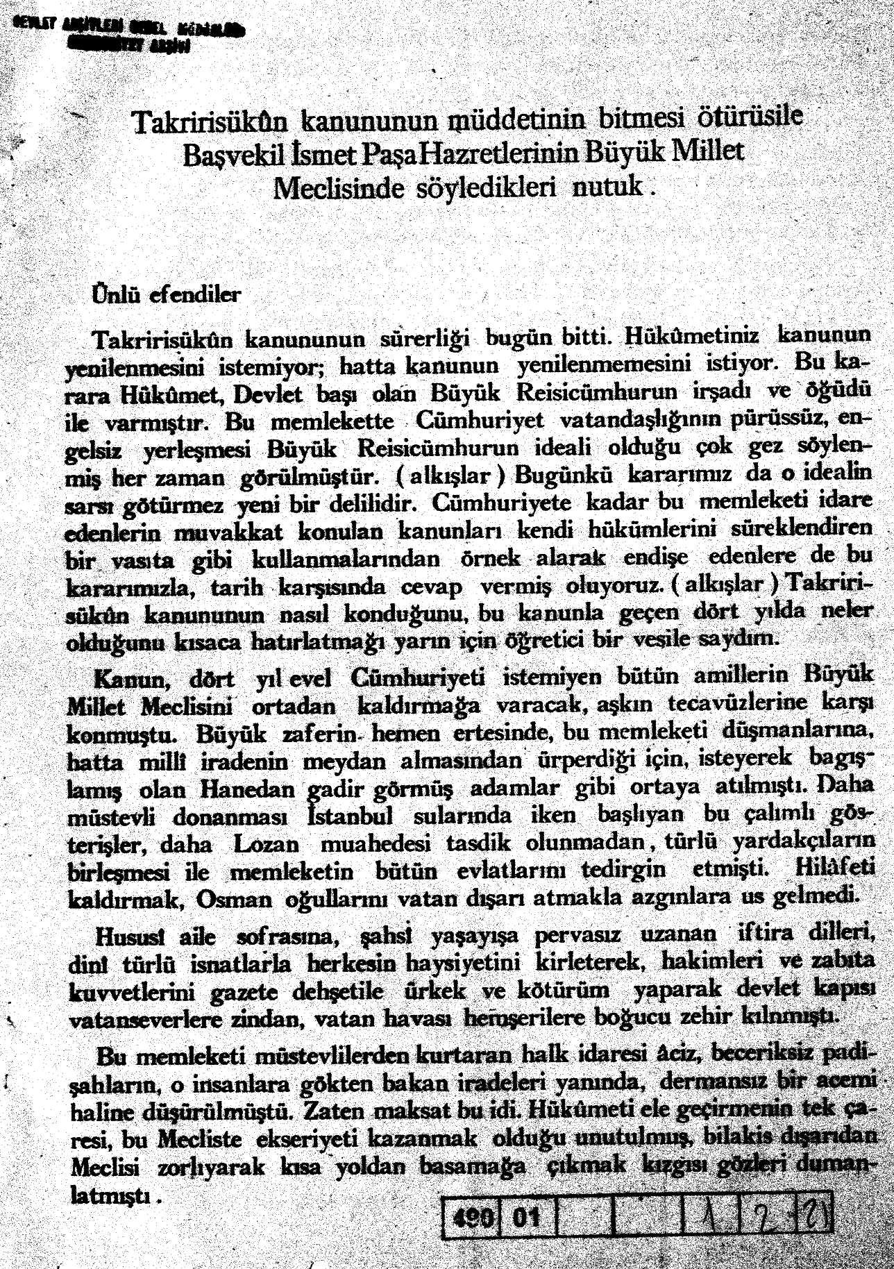 İsmet İnönü’nün Takrir-i Sükun Kanunu Hakkındaki Nutku